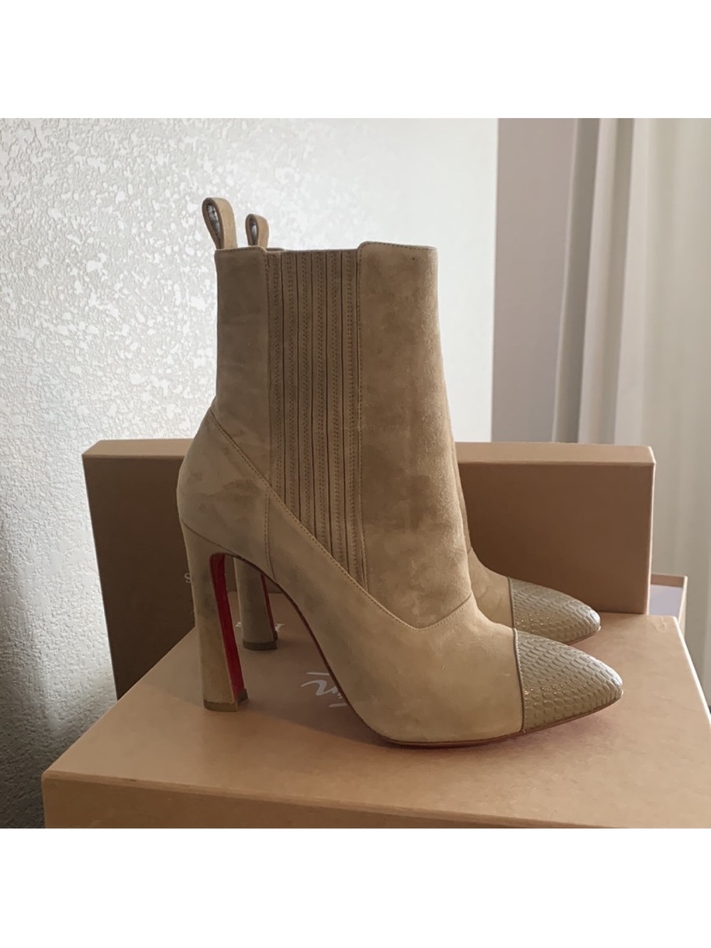Women’s Beige Louboutin High-Heel Ankle Boots